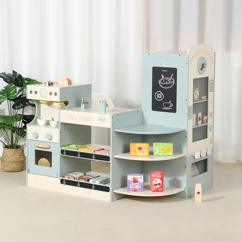 Toy Cash Register - Kinder-Holz-Supermarkt-Spielset mit Kasse und Kaffeeautomat