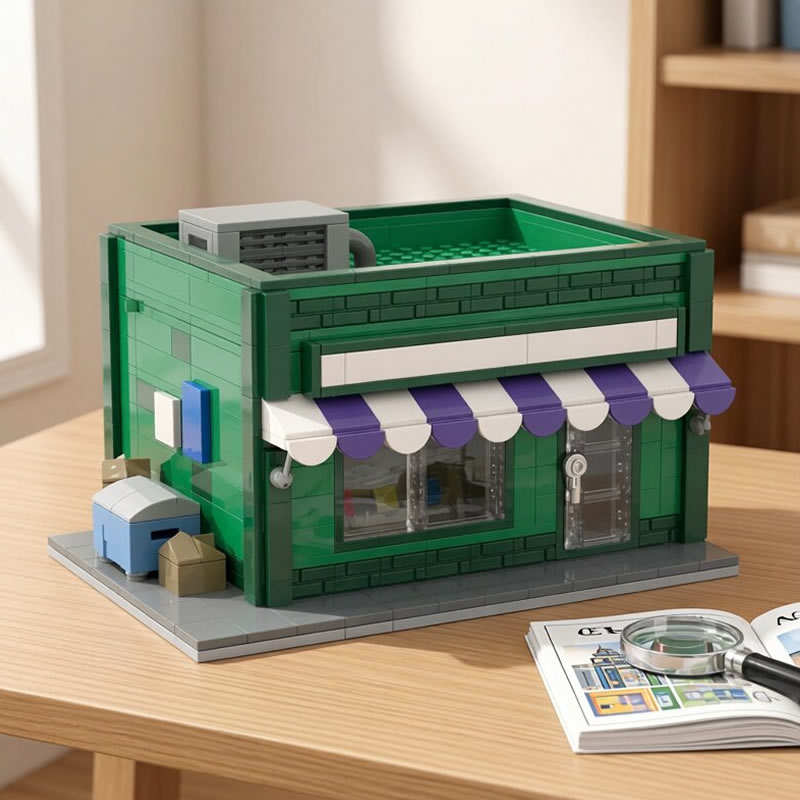 Kids Toys In Store - Bausteine MOC Modularer Mini-Straßenladen Roboter-Untergrundlehre Baseballkarten-Shop