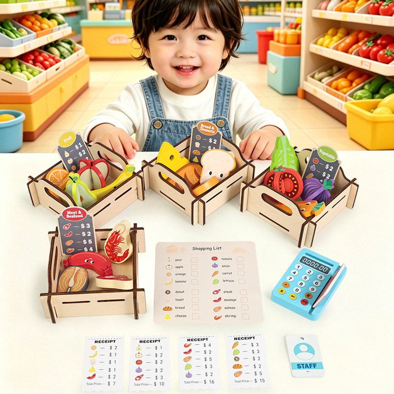Toy Cash Register - Holz-Supermarkt-Spielset, Kinder-Simulations-Frucht-Gemüse-Kassenspielzeug, Montessori Pädagogisches Rollenspiel-Geschenk